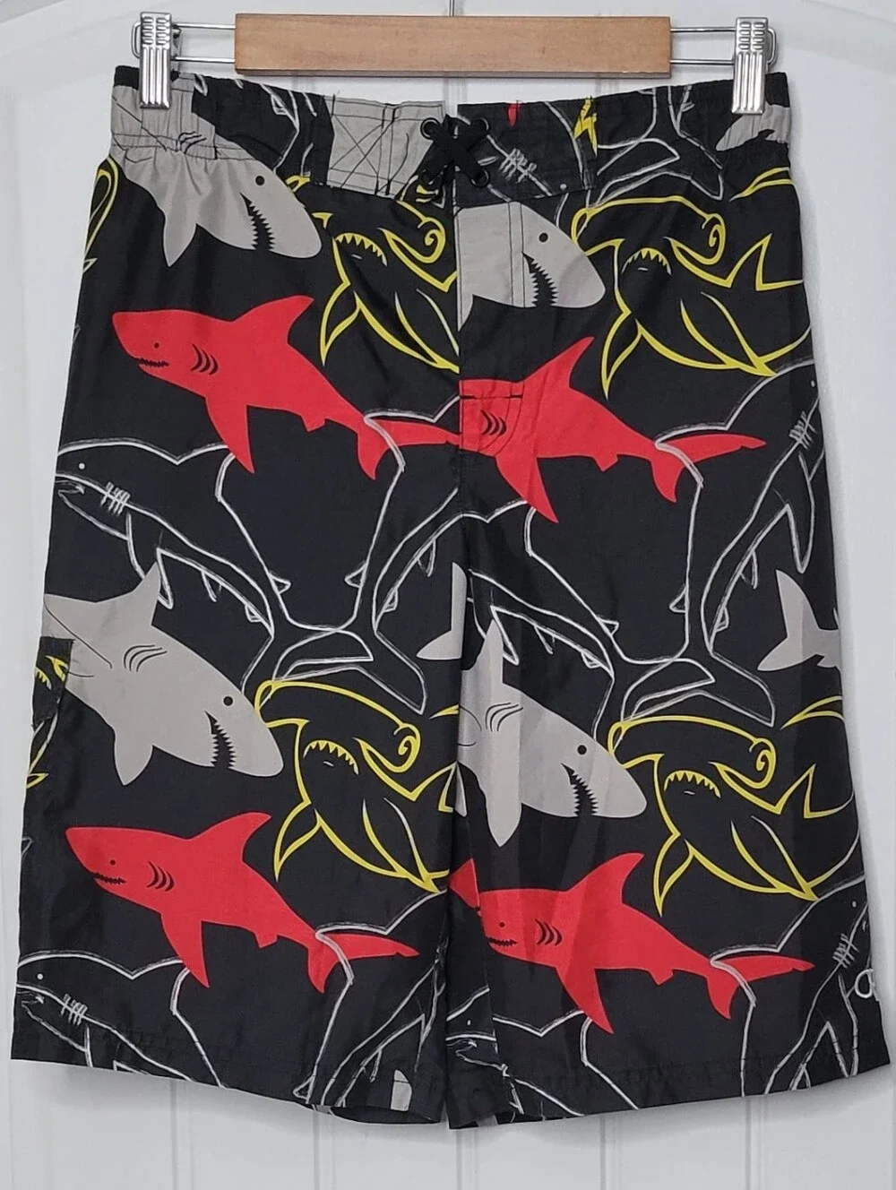 OP Boy's Black Shark Print Board Shorts with Red, Gray & Yellow
